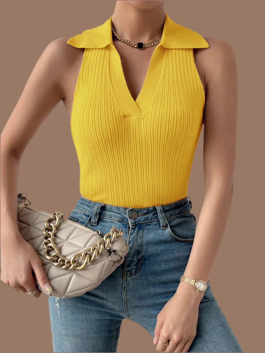 Summer V-Neck Ribbed Knit Crop Top - Sleeveless Turndown Collar in 10 Colors